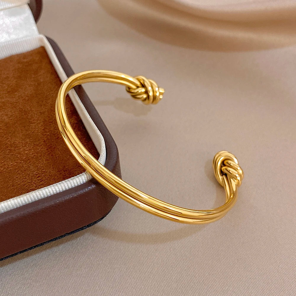 Minimalist Double Layer Knot Cuff Bangle Bracelets Glossy Gold Plated Stainless Steel Wide Bracelet for Women Waterproof Jewelry