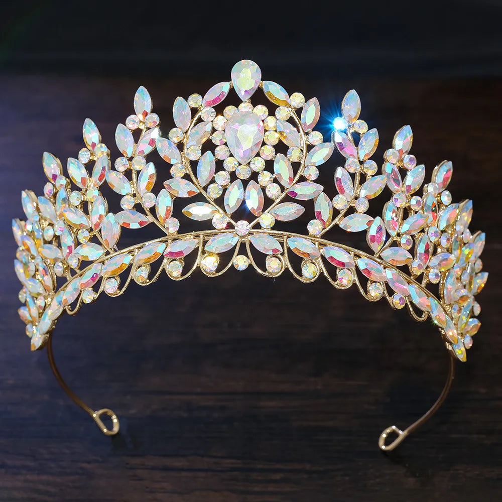Gold crystal leaf-branch tiara with iridescent AB teardrop stones and arched headband