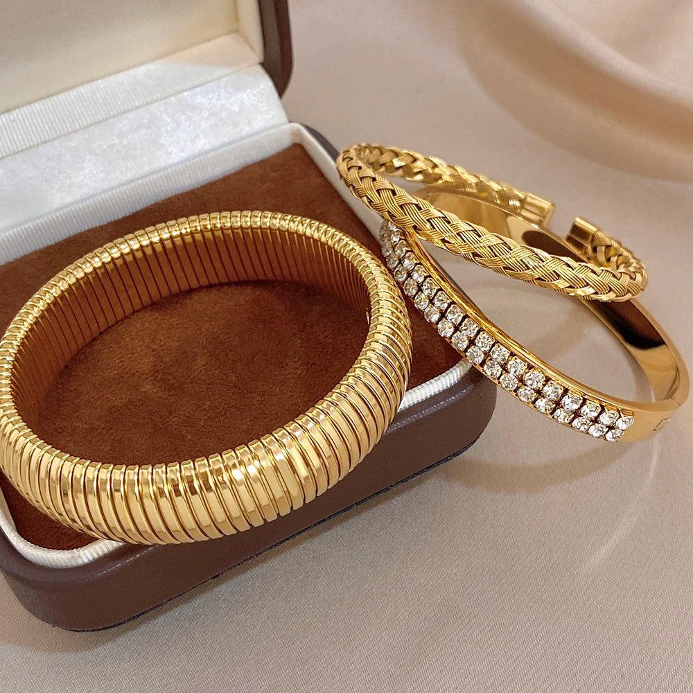 Gold-tone ribbed cuff bangle and braided bracelet with zircon pave bangle