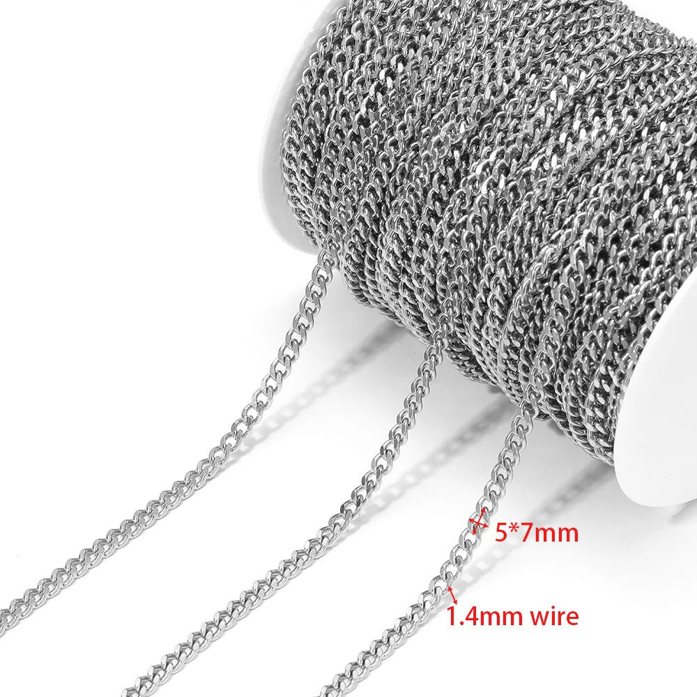 Stainless steel Cuban link chain, 5x7mm links, 1.4mm wire