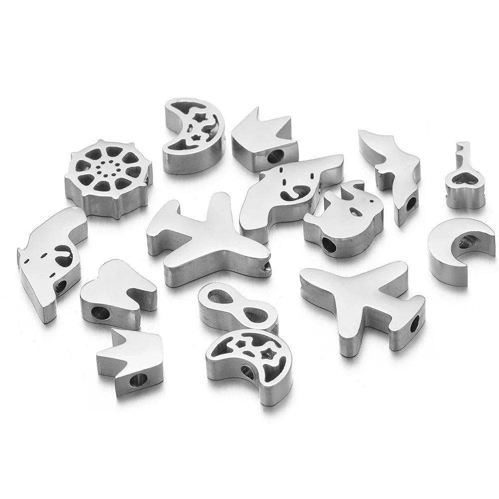 Silver-tone stainless steel spacer beads set, assorted animal and symbol shapes