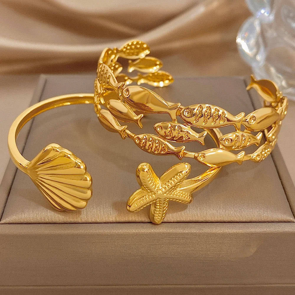 Chic Geometric Fish Shell Starfish Wide Bracelet for Women Glossy Gold Plated Stainless Steel Cuff Bangles Waterproof Jewelry Se