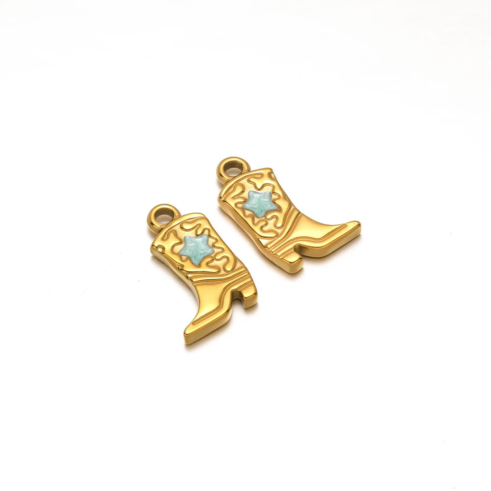 Gold-tone long boot charms with blue star inlay and small hanging loops