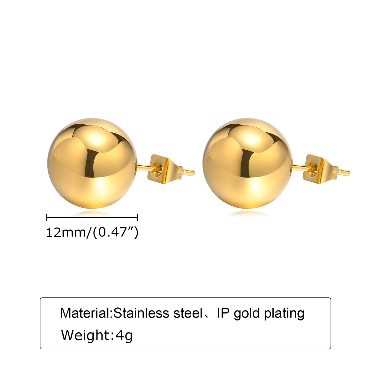 Pair of 12 mm polished gold-plated stainless steel ball stud earrings