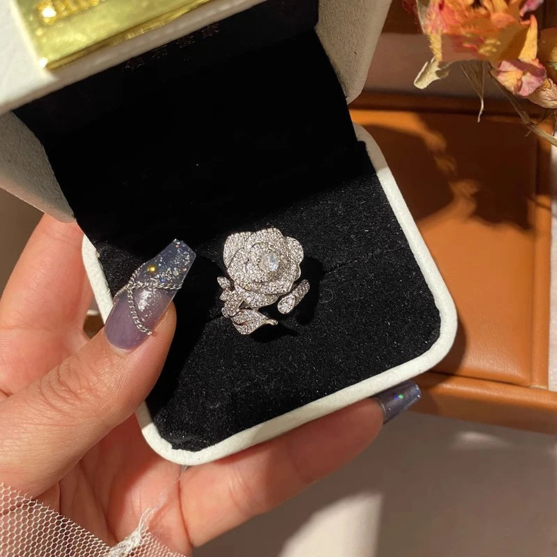 Crystal cubic zirconia flower adjustable ring with pavé petals