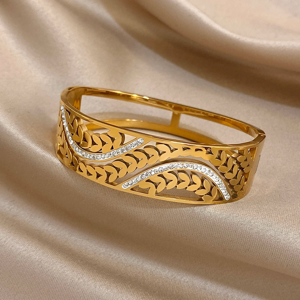 Exquisite Zirconia Wheat Wrist Bracelet for Women Trendy Gold Plated Stainless Steel Cuff Bangle Bracelets Waterproof Jewelry