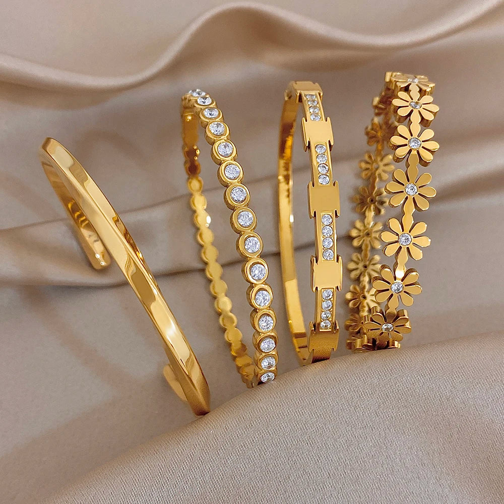 Delicate Zircon Flower Geometric Cuff Bangle for Women Glossy Gold Plated Stainless Steel Wristband Bracelets Waterproof Jewelry