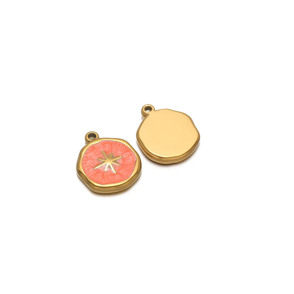 Round enamel charm pendant with gold border, coral star design and plain gold charm