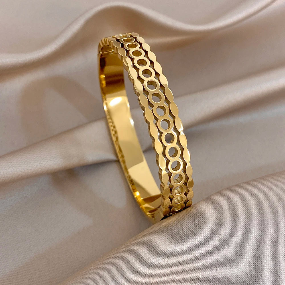 Glossy Gold Plated Cuff Bangle Bracelets for Women Exaggerated Zircon Geometric Stackable Wide Bracelet Waterproof Jewelry