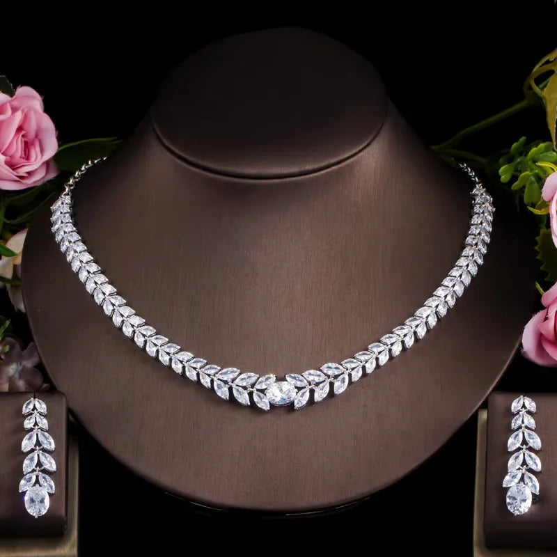 Silver-tone cubic zirconia necklace and drop earrings with leaf-shaped stones