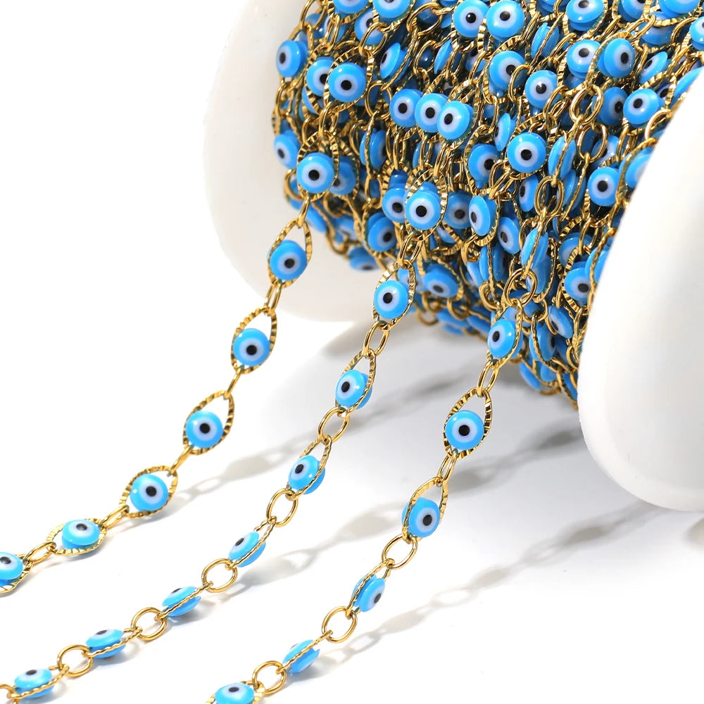 Evil eye bead chain with gold links and bright blue eye charms