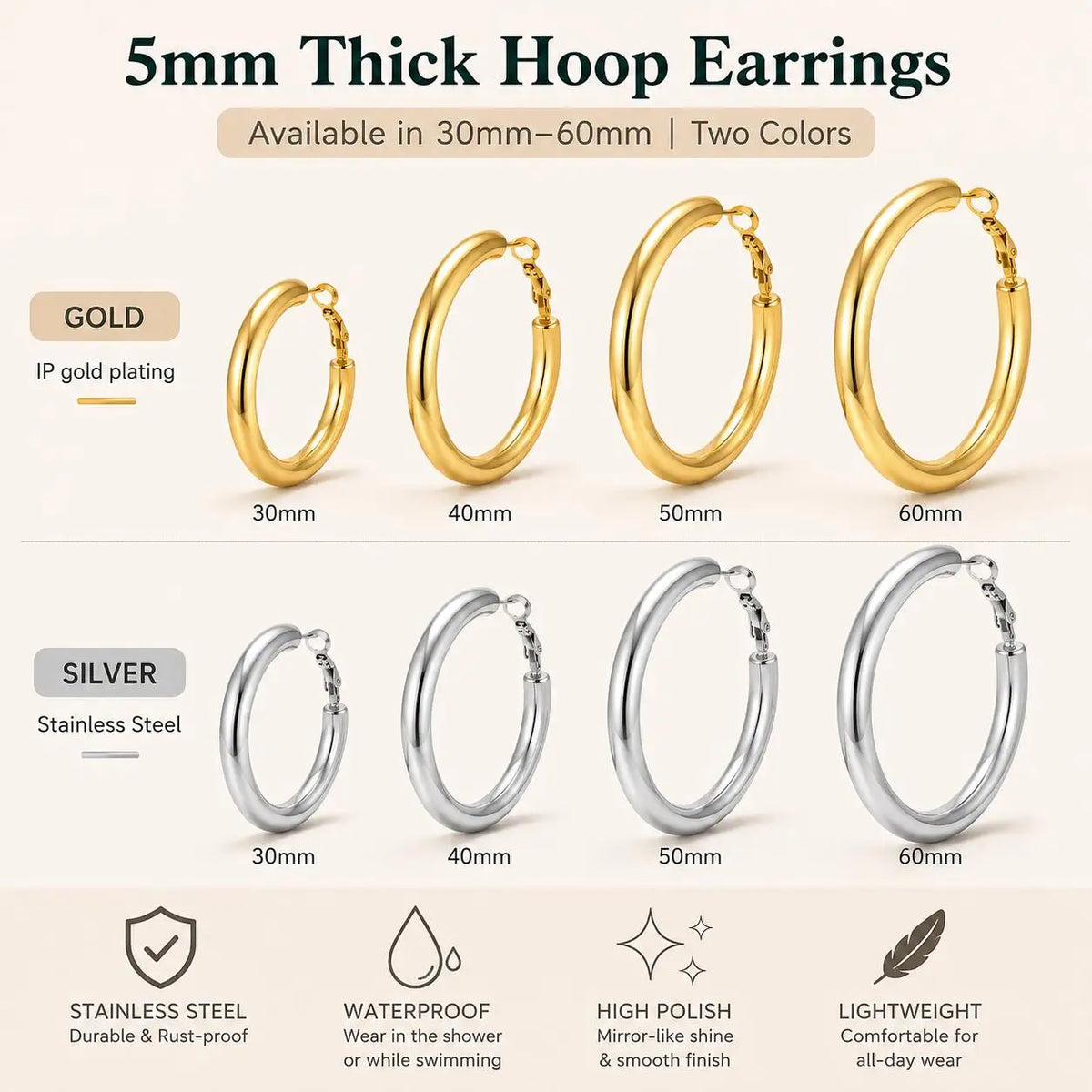 Gold and silver chunky hoop earrings shown in four sizes