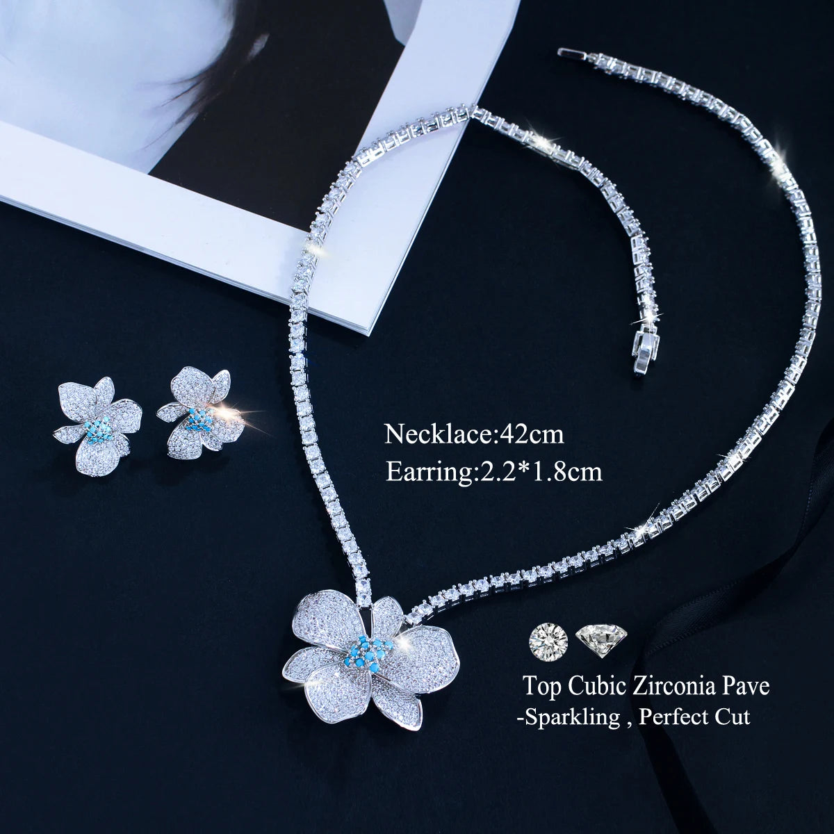 Flower crystal necklace and matching earrings, with necklace and earring measurements