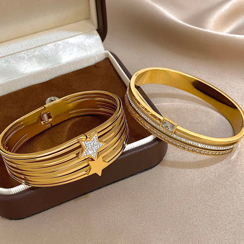 Rhinestone Star Layered Wristband Bangle Chunky Jewelry Gold Color Stainless Steel Cuff Bracelet for Women