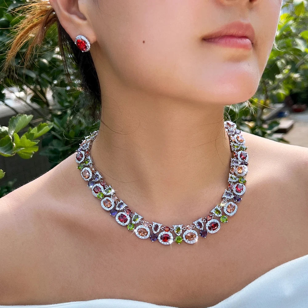 Luxury Geometric Multicolor Cubic Zirconia Earrings Wedding Costume Jewelry Sets For Women Boho Party