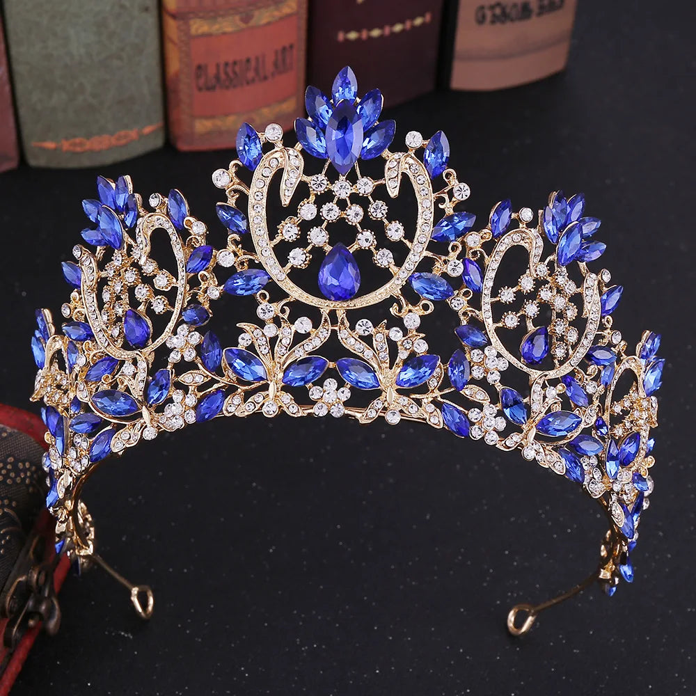 Gold Color Champagne Crystal Pageant Crowns for Women Queen Diadem Bridal Tiaras Large Headpiece Wedding Hair Accessories