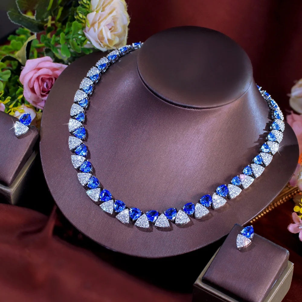 Blue and clear triangle cubic zirconia necklace with matching drop earrings