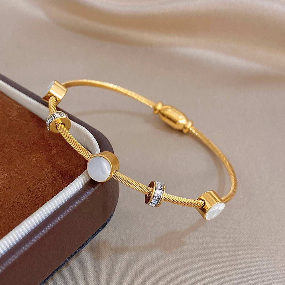 Chic Shell Rhinestone Twisted Stacked Bracelets for Women Elegant Gold Plated Stainless Steel Cuff Bangle Waterproof Jewelry
