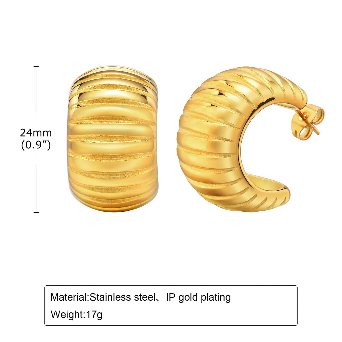 Gold-plated ribbed crescent hoop earrings, 24mm size (pair)