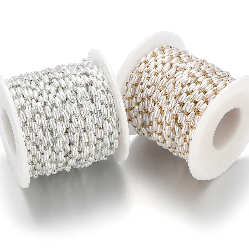 Pearl bead chain spools, silver-tone and gold-tone strands with white oval beads