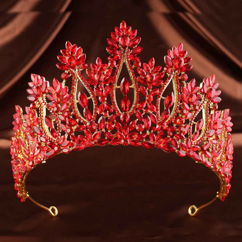 Red rhinestone pageant tiara with teardrop stones and ornate crown top