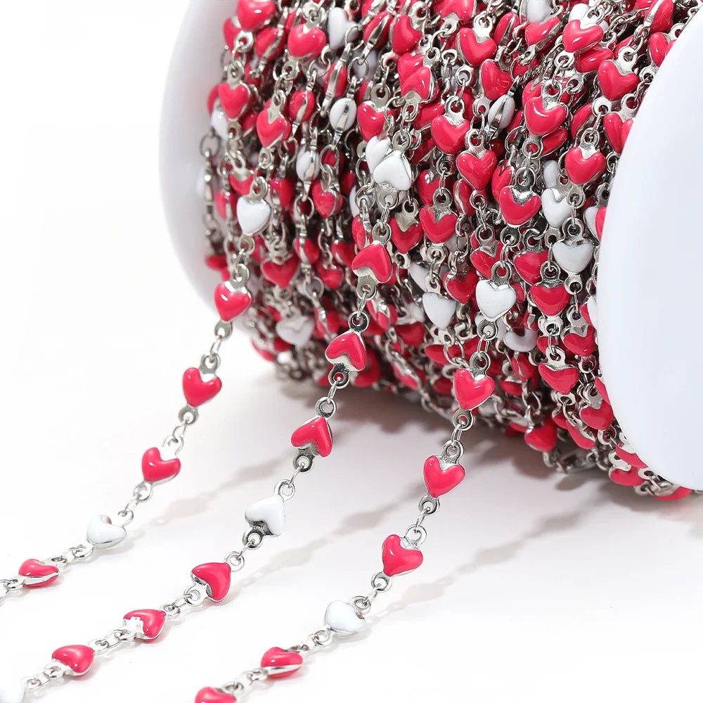 Silver-tone stainless heart link chain with red enamel heart charms