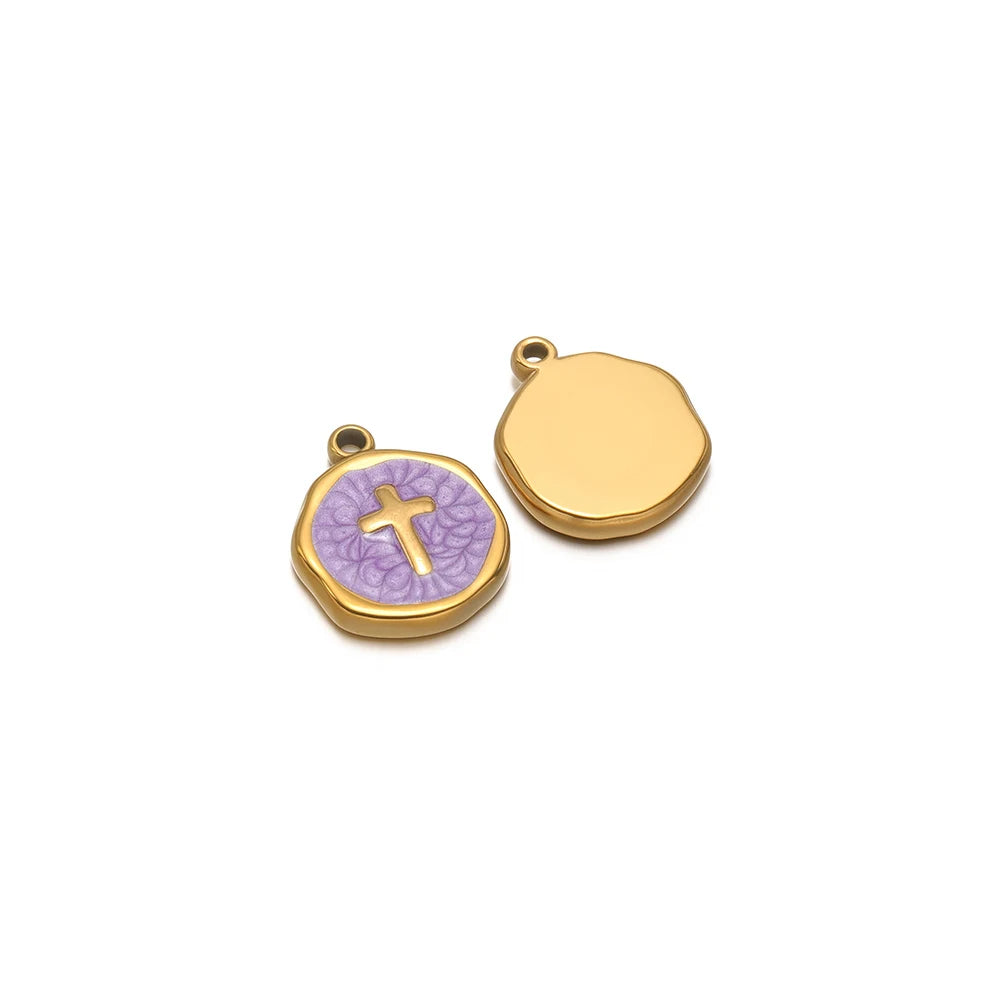 Enamel cross charm pendant, purple round with gold-tone border and plain gold-tone charm