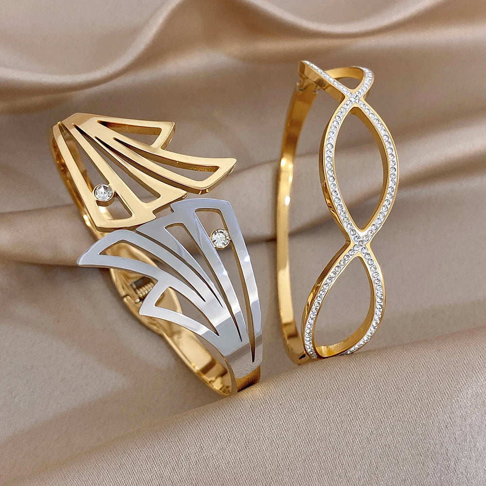 Irregular Gold Plated Stainless Steel Cuff Bangle for Women Exaggerated Geometric Zircon Wide Bracelets Waterproof Jewelry Set