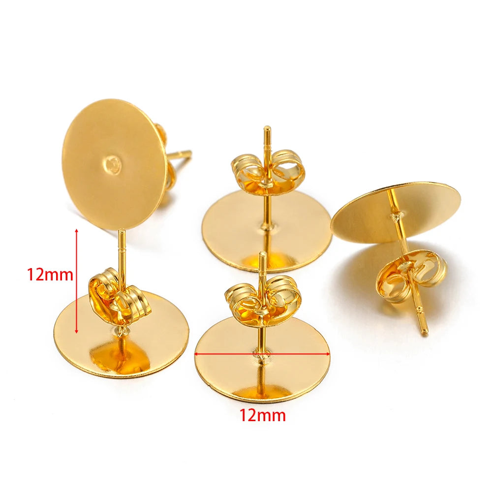 Round flat blank ear stud settings, gold-tone, 12mm posts with 12mm base discs