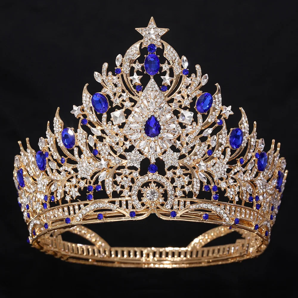 Gold-tone crystal bridal tiara with royal blue gem accents and star centerpiece