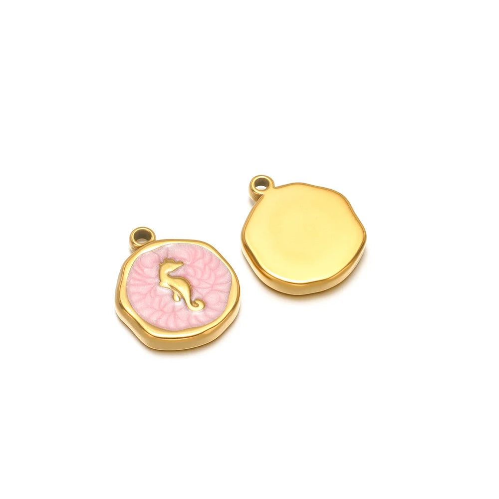 Enamel shell charms set: pink seahorse motif charm and plain yellow round-face charm