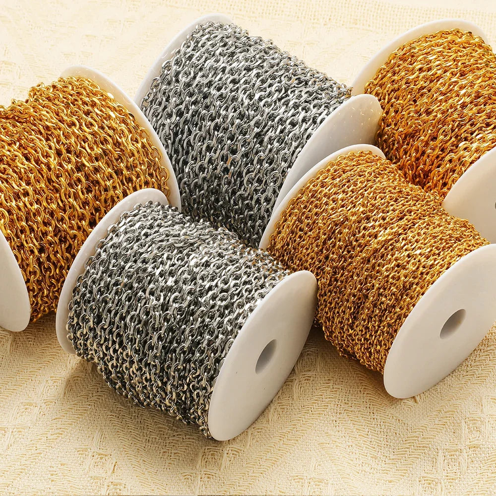 Three spools of chain: gold, silver, and dark gold O-link on white holders