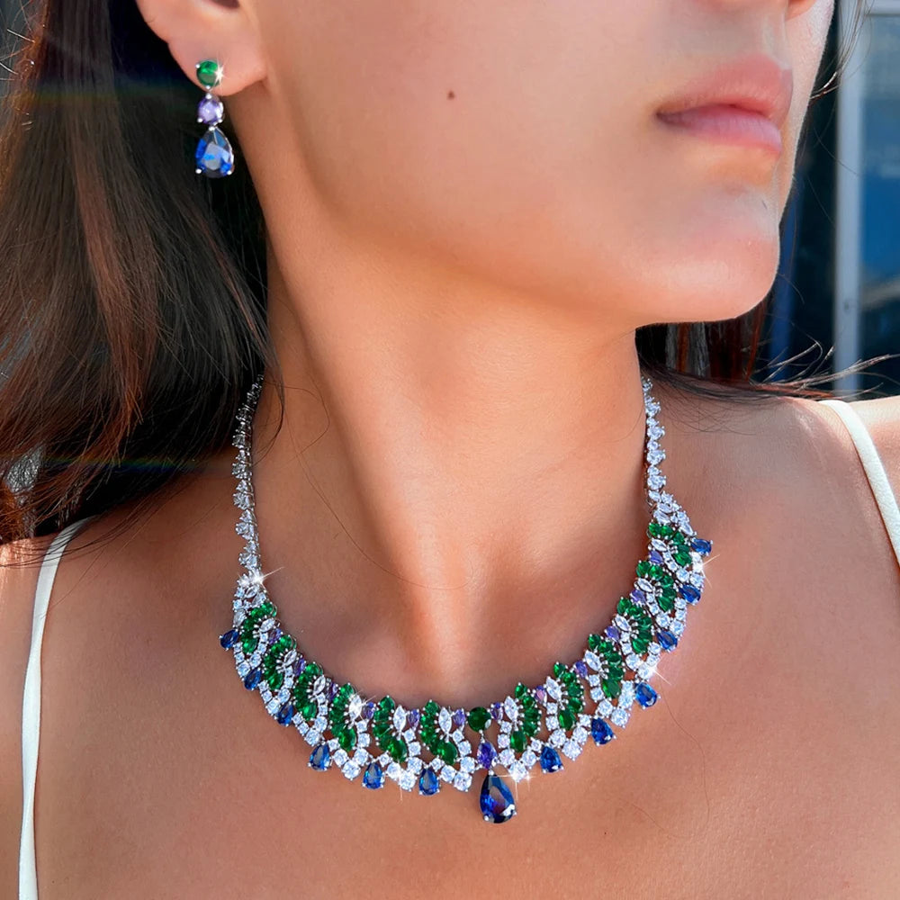 Multicolor zircon choker necklace and matching drop earring, shown worn from a side angle