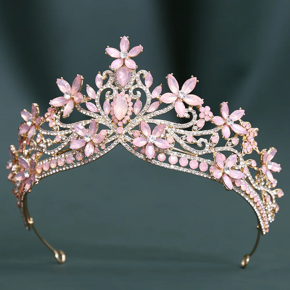 Baroque Crystal Flower Blue Opal Tiaras For Women Party Luxury Bride Diadem Rhinestone Crown Hair Accessories Jewelry