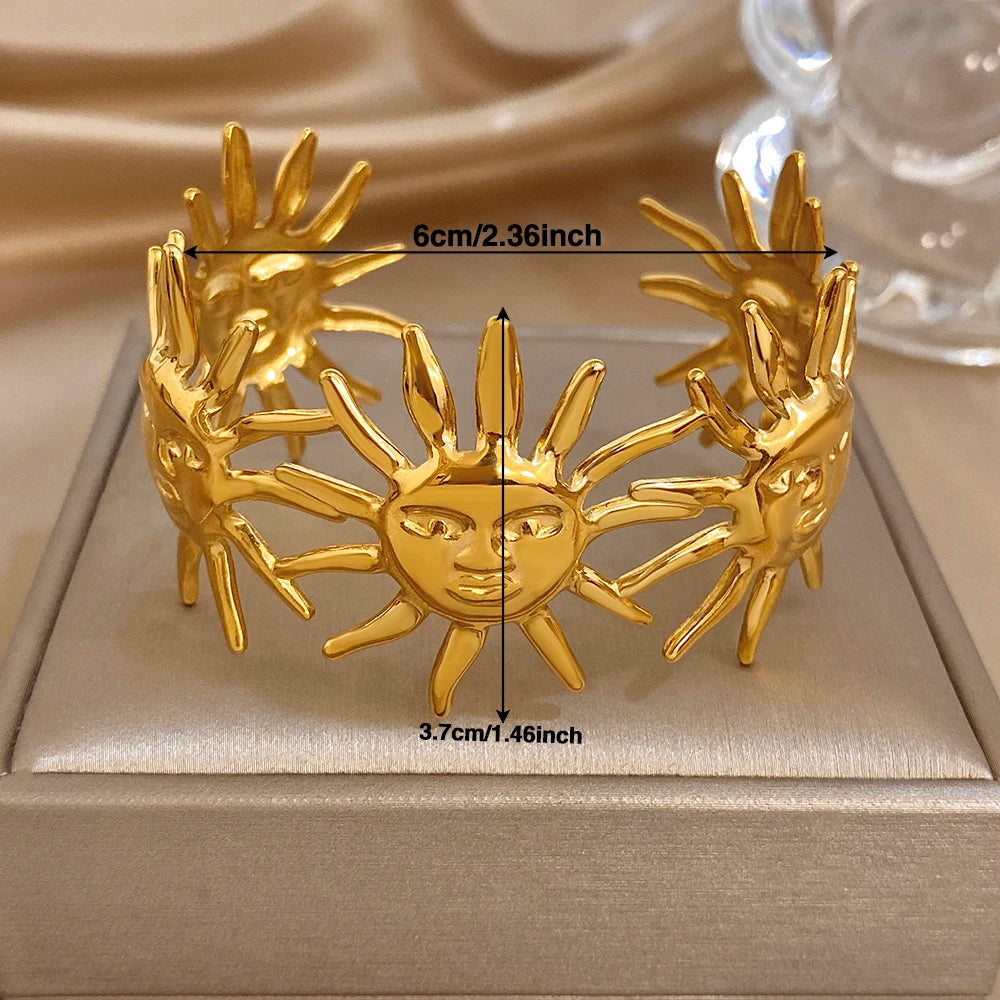 Bohemian Gold Plated Stainless Steel Cuff Bangle for Women Exaggerated Abstract Sun Patchwork Bracelets Waterproof Jewelry