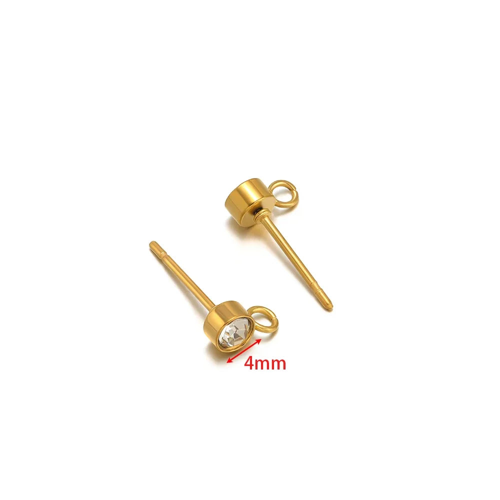 Gold zircon stud earring posts with loop hook, 4mm round stones, angled pair
