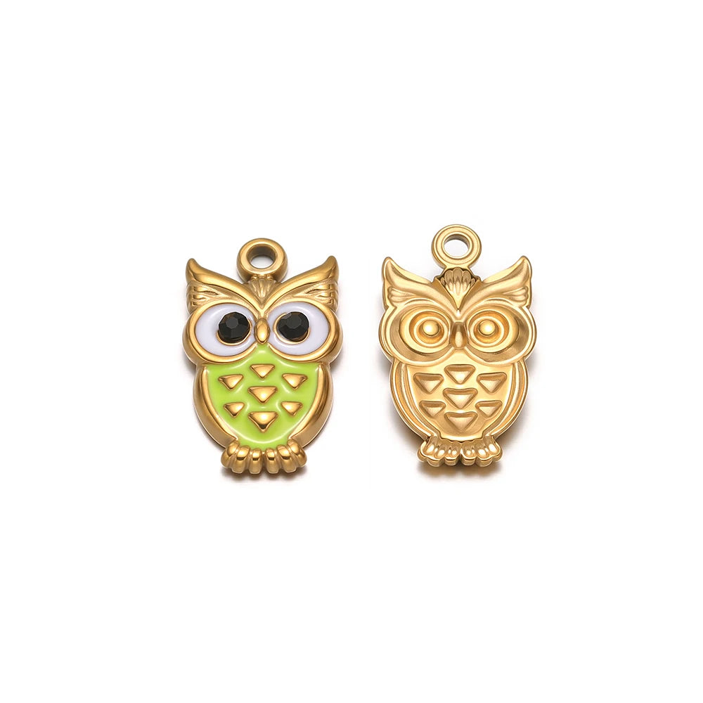 Gold-tone owl enamel charm pendants with hanging loop, green enamel belly, front/back pair