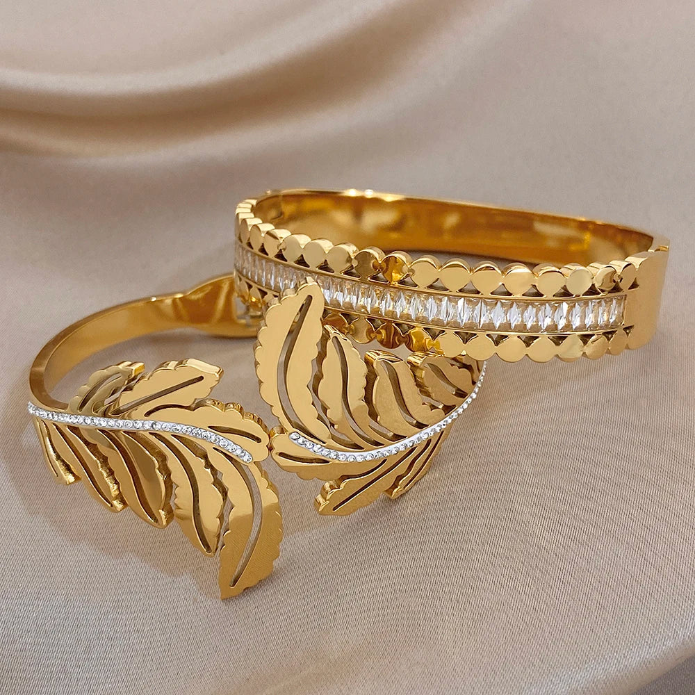 Chunky Gold Plated Stainless Steel Cuff Bangle for Women Men Glossy Leaf Feather Zircon Wide Bangle Bracelets Waterproof Jewelry