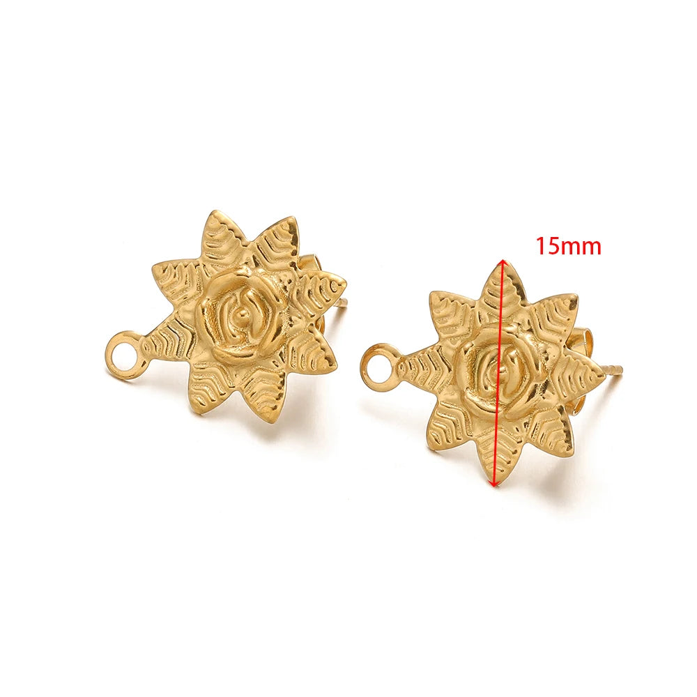 Gold sunflower stud earring charms, 15mm size shown, loop back hooks, pair