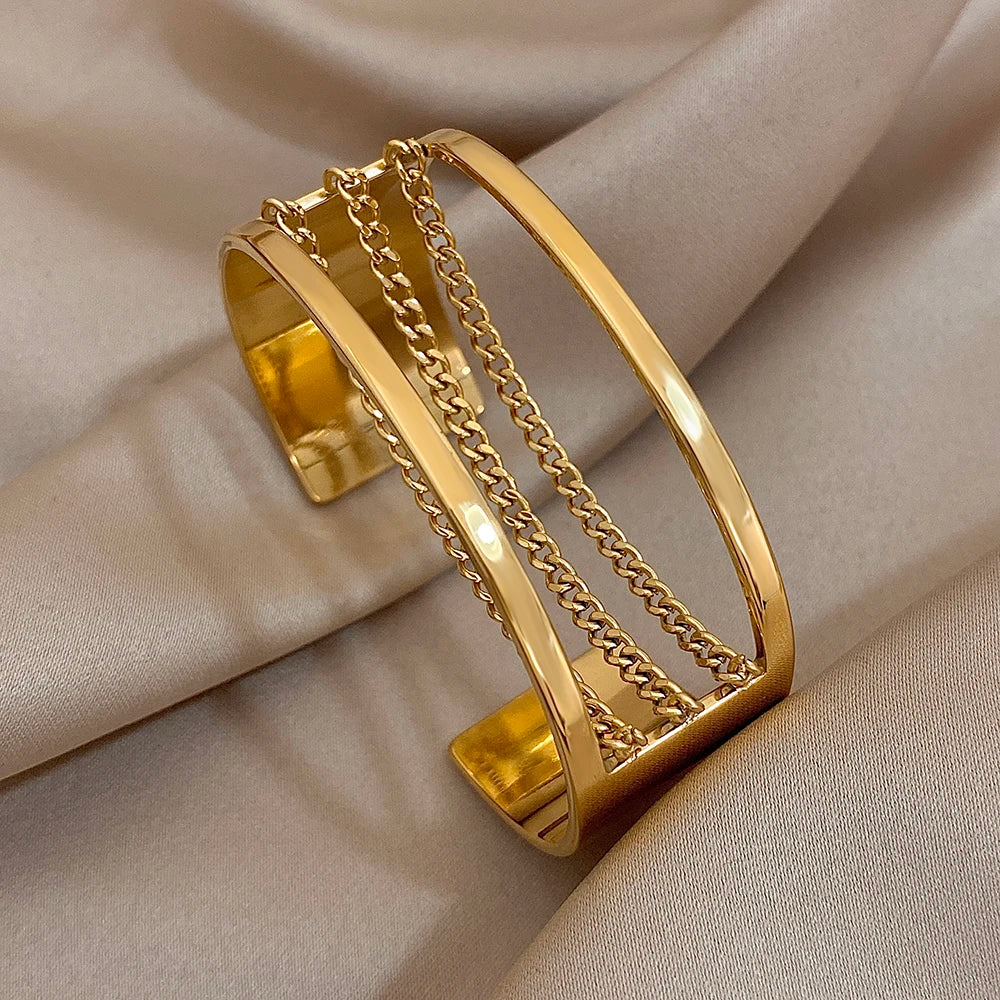 Fashion Gold Silver Color Stainless Steel Cuff Bracelets for Women Chunky Multilayer Thick Chain Wide Bangle Waterproof Jewelry