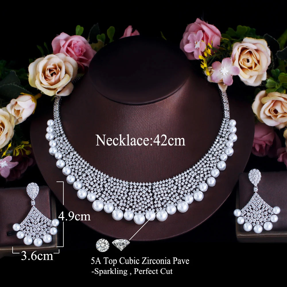 Luxury Handmade Cubic Zirconia Pave Chunky Jewelry Sets for Women Wedding Bridal Pearl Necklace