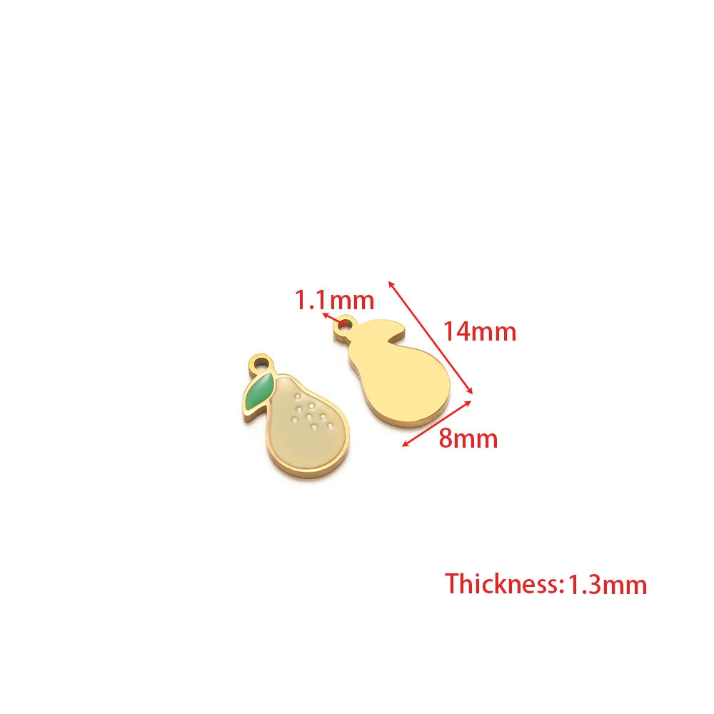 Mushroom fruit charm pendant dimension guide; green and gold shapes with size labels