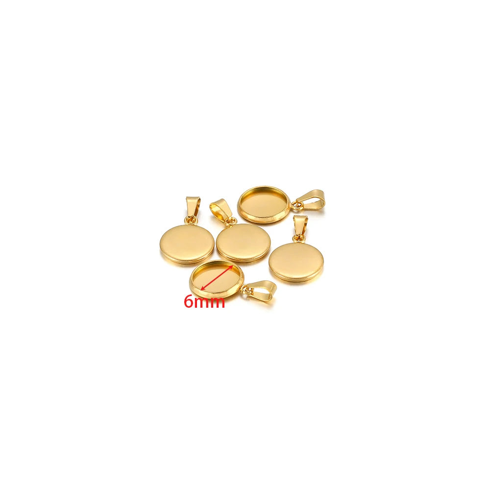 Round bezel cabochon settings, gold 6mm, with small loop bails (10-pack)