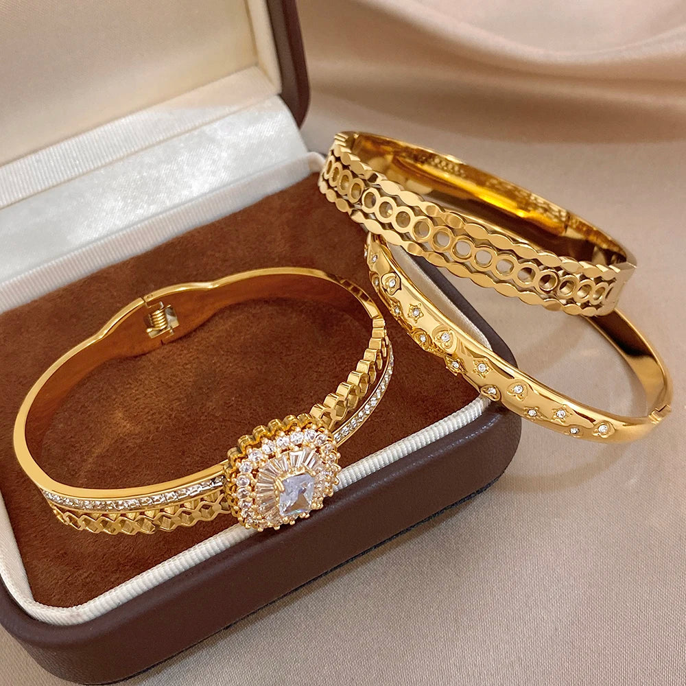 Glossy Gold Plated Cuff Bangle Bracelets for Women Exaggerated Zircon Geometric Stackable Wide Bracelet Waterproof Jewelry