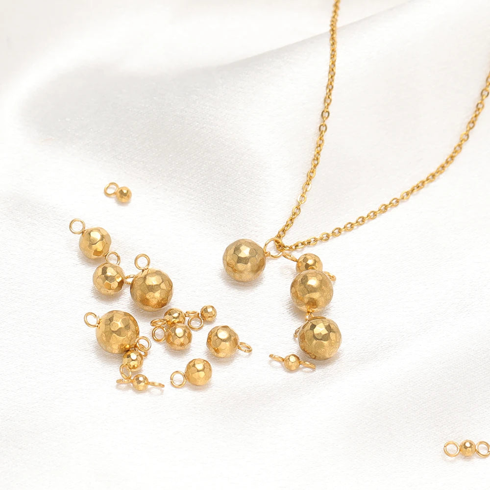 Gold ball bead charm pendants on chain, faceted round beads with double loops