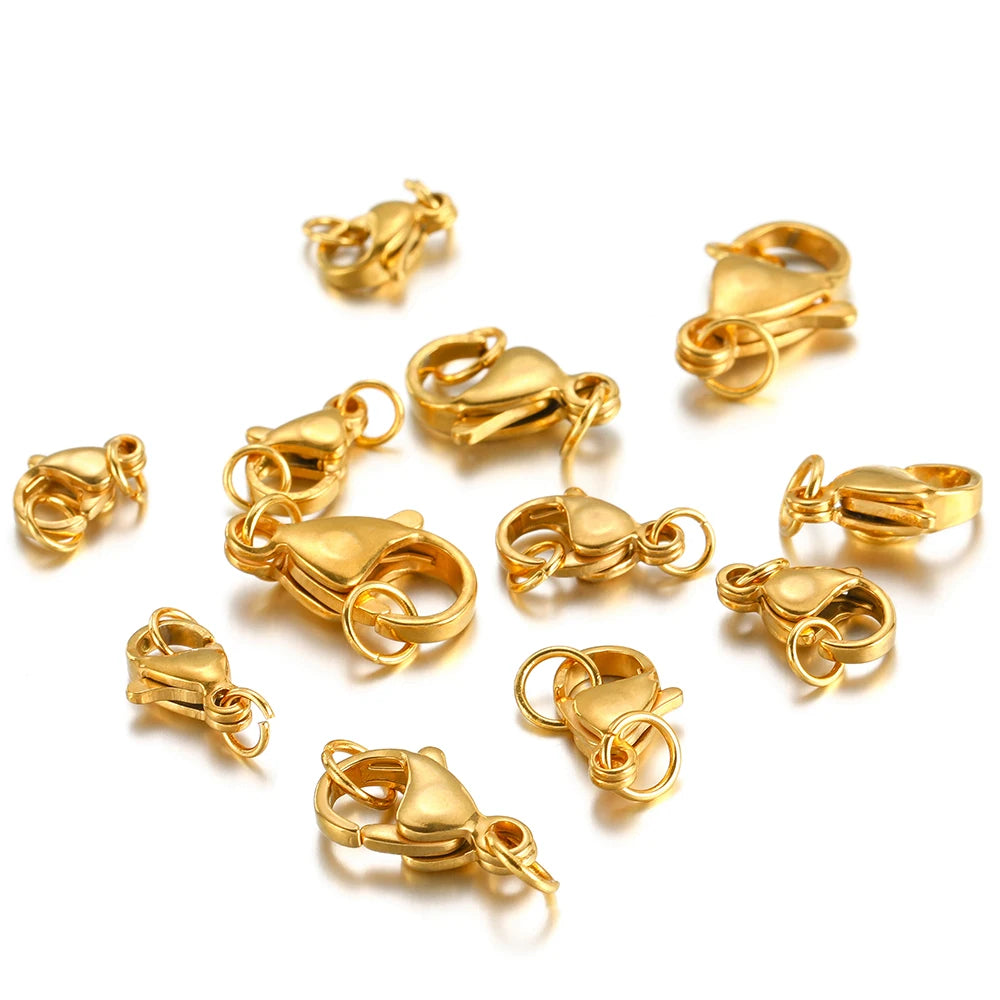 Gold lobster clasp connectors with attached jump rings, assorted angles