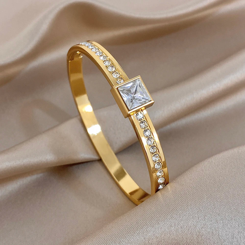Trendy Gold Plated Stainless Steel Cuff Bangle Bracelets for Women Shiny Geometric Zircon Stackable Bracelet Waterproof Jewelry