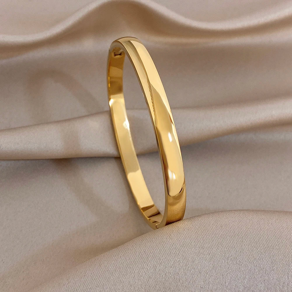 Glossy Gold Plated Stainless Steel Cuff Bangle for Women Trendy Micro Inlaid Zircon Stackable Bracelets Waterproof Jewelry