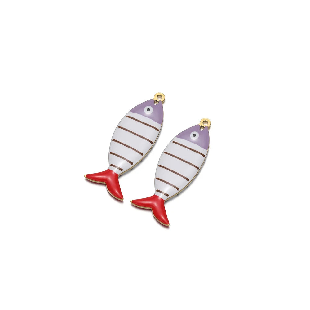 Two enamel striped fish pendants with gold loops, brown stripes and red tails