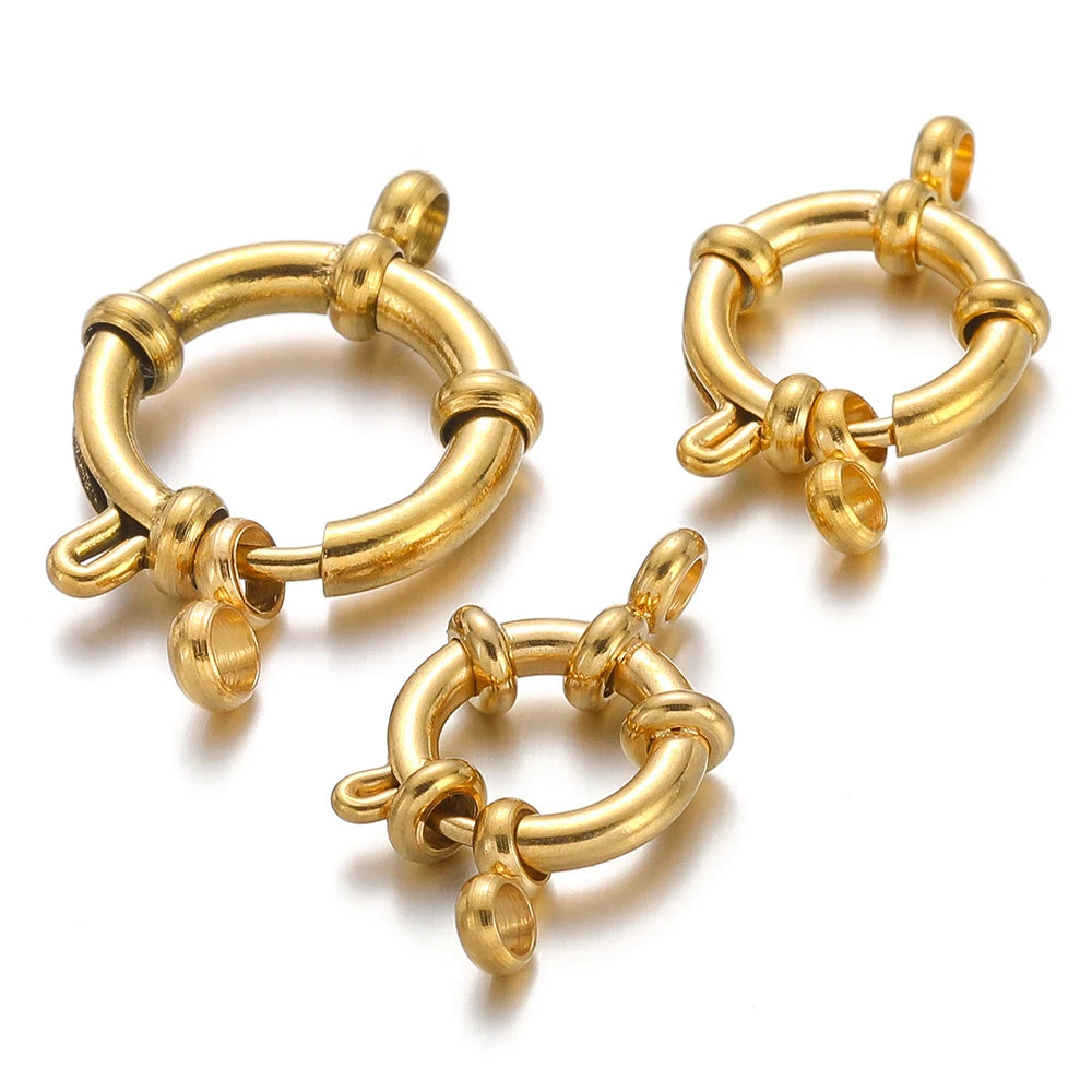 Gold round spring clasp hooks with hinged latch and small ball details